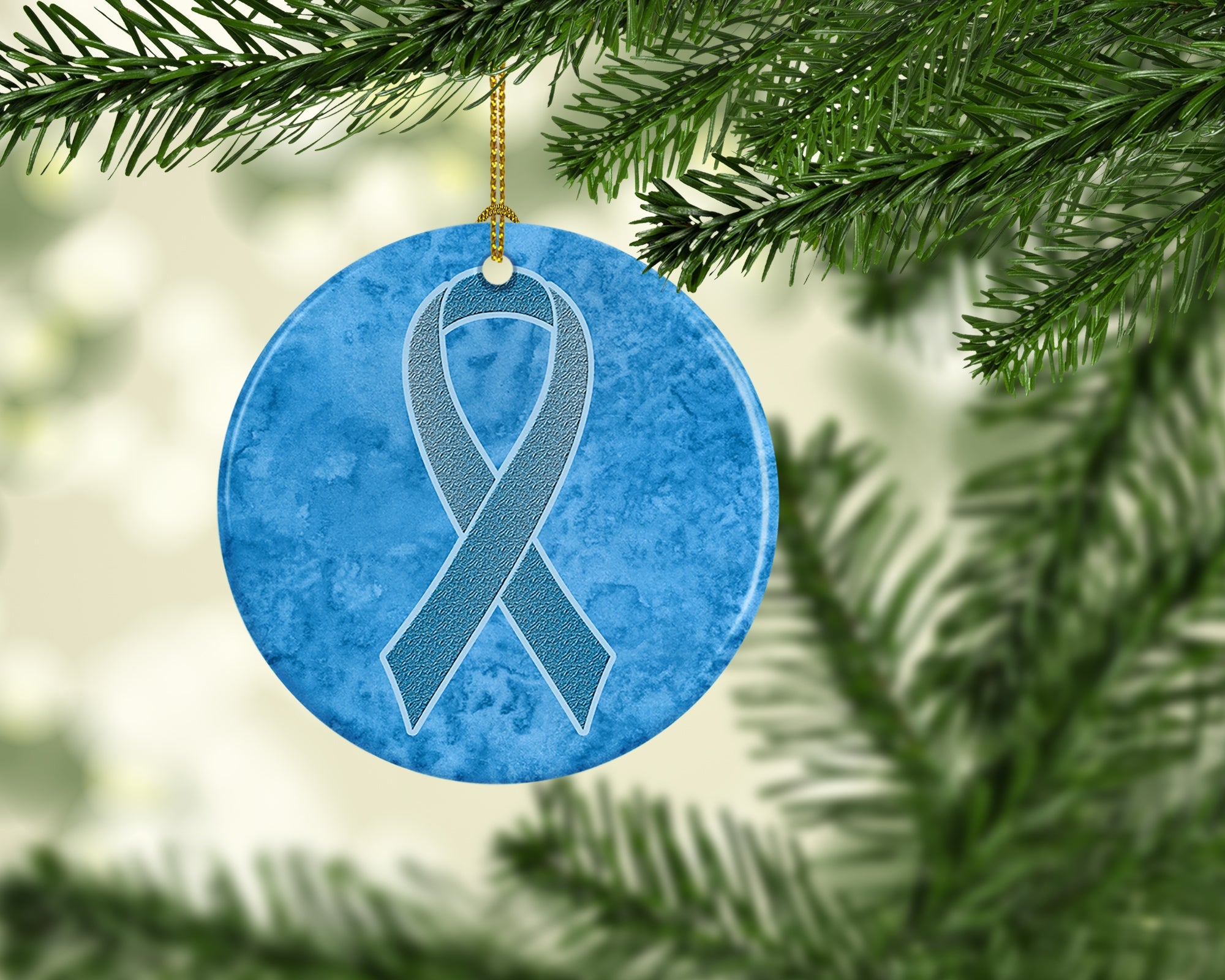 Blue Ribbon for Prostate Cancer Awareness Ceramic Ornament Christmas Tree Hanging Decorations for Home Christmas Holiday, Party, Gift, 3 in, Multicolor