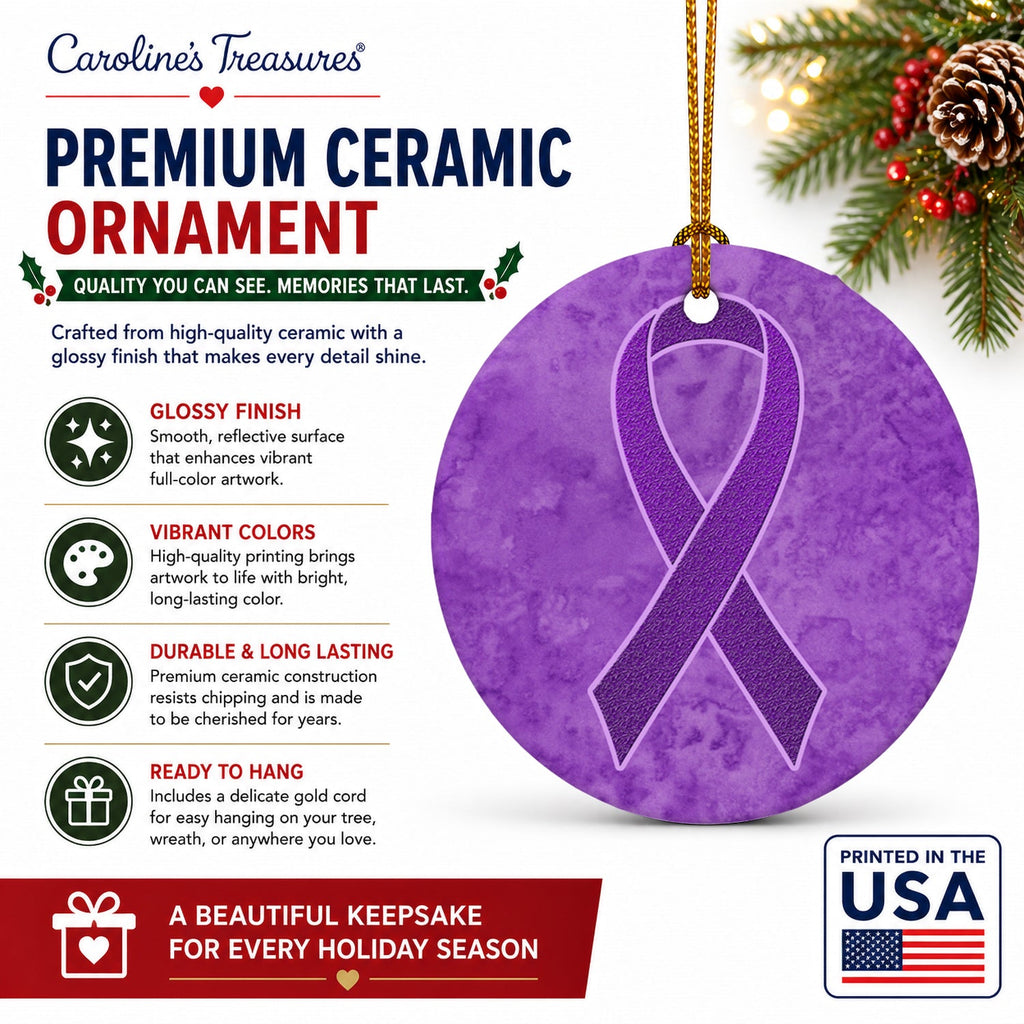 Purple Ribbon for Pancreatic and Leiomyosarcoma Cancer Awareness Ceramic Ornament Christmas Tree Hanging Decorations for Home Christmas Holiday, Party, Gift, 3 in, Multicolor