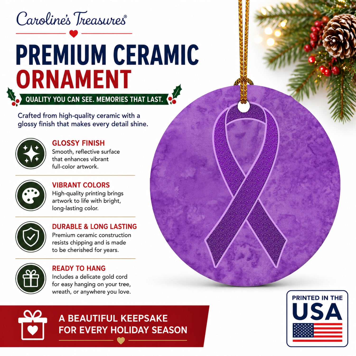 Purple Ribbon for Pancreatic and Leiomyosarcoma Cancer Awareness Ceramic Ornament Christmas Tree Hanging Decorations for Home Christmas Holiday, Party, Gift, 3 in, Multicolor