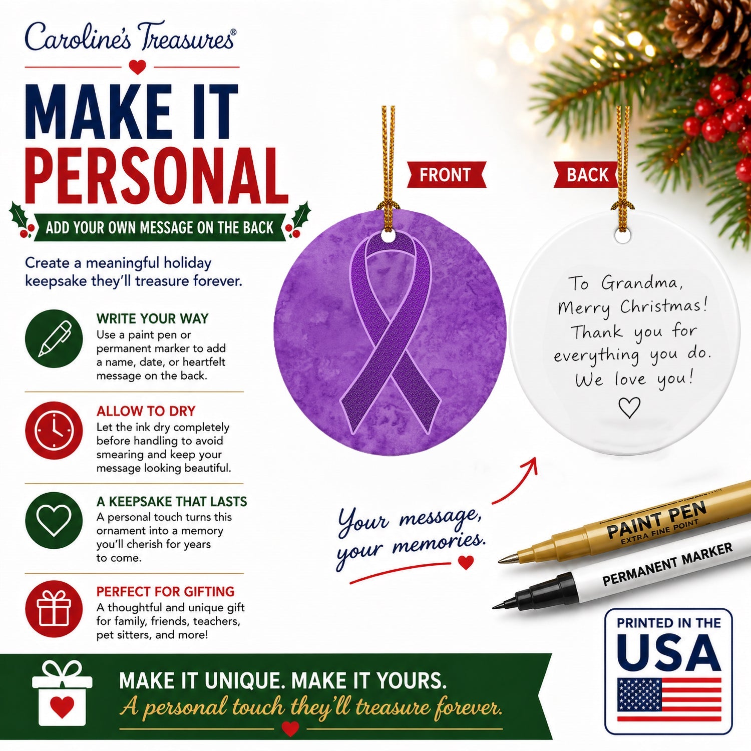 Purple Ribbon for Pancreatic and Leiomyosarcoma Cancer Awareness Ceramic Ornament Christmas Tree Hanging Decorations for Home Christmas Holiday, Party, Gift, 3 in, Multicolor