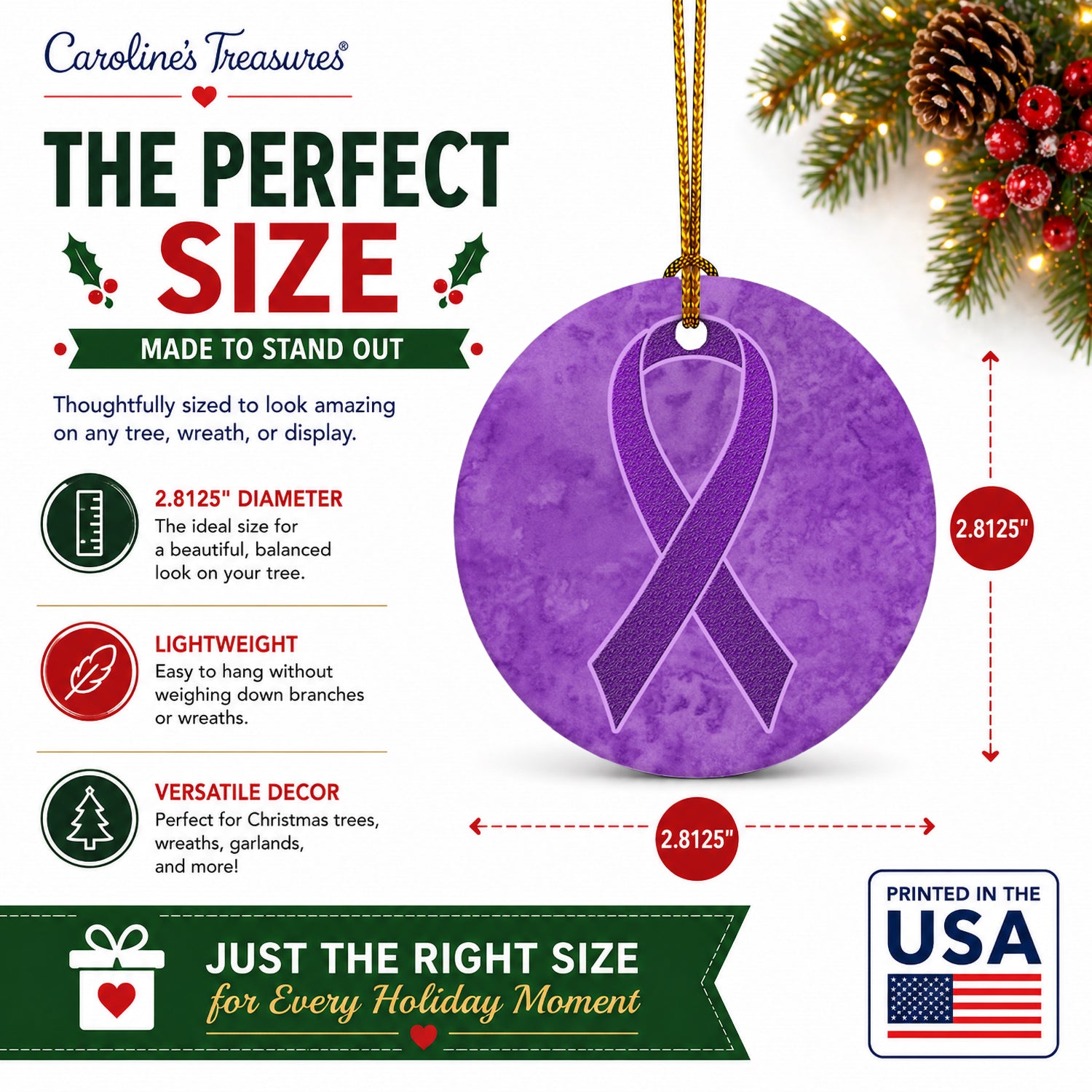 Purple Ribbon for Pancreatic and Leiomyosarcoma Cancer Awareness Ceramic Ornament Christmas Tree Hanging Decorations for Home Christmas Holiday, Party, Gift, 3 in, Multicolor