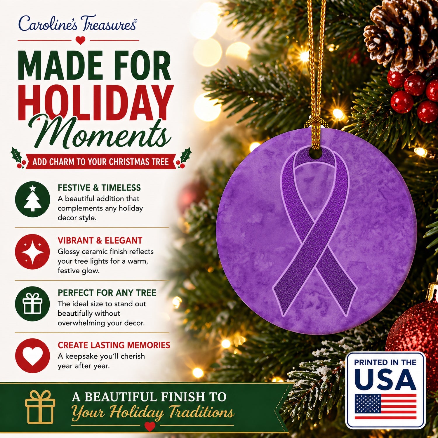 Purple Ribbon for Pancreatic and Leiomyosarcoma Cancer Awareness Ceramic Ornament Christmas Tree Hanging Decorations for Home Christmas Holiday, Party, Gift, 3 in, Multicolor