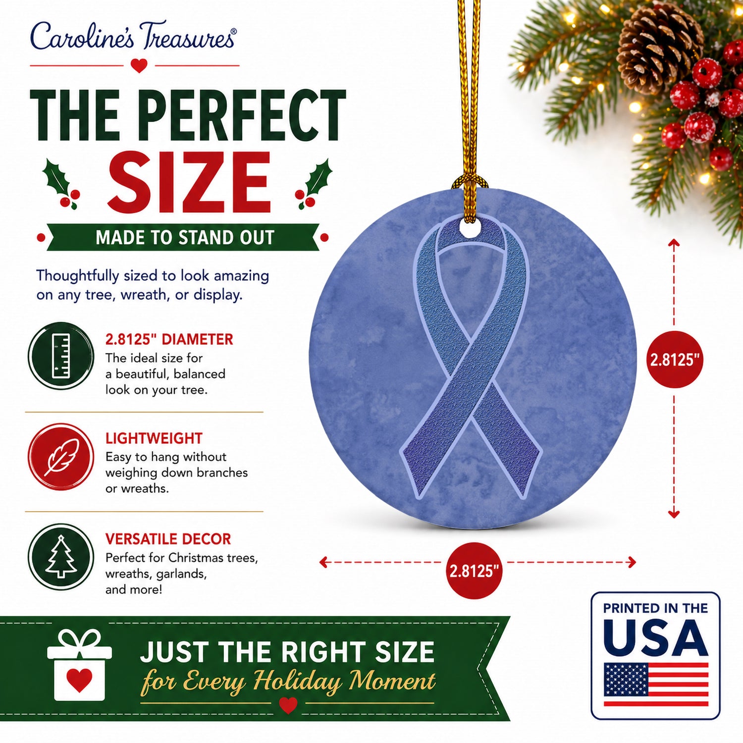Periwinkle Blue Ribbon for Esophageal and Stomach Cancer Awareness Ceramic Ornament Christmas Tree Hanging Decorations for Home Christmas Holiday, Party, Gift, 3 in, Multicolor