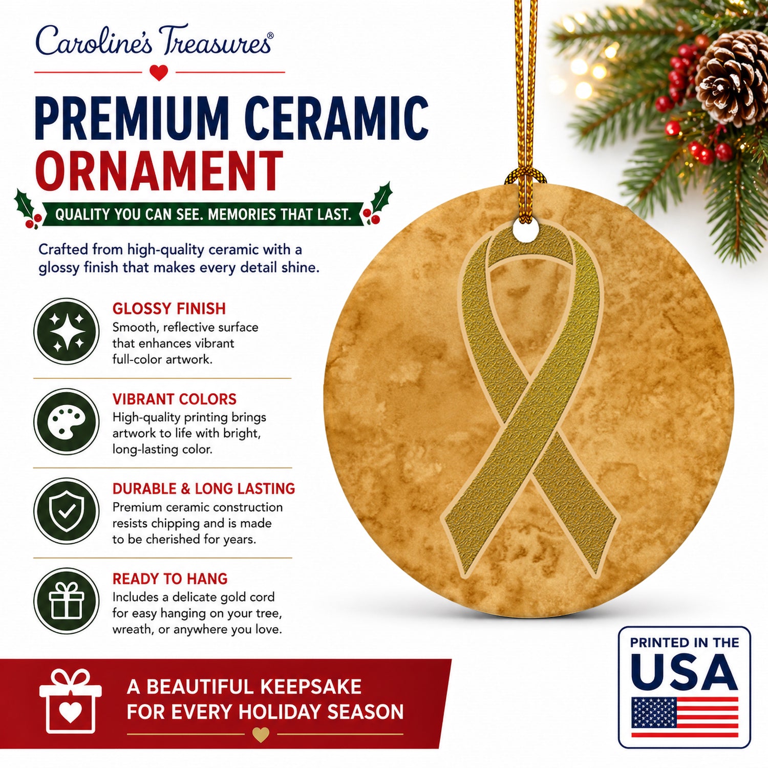 Gold Ribbon for Childhood Cancers Awareness Ceramic Ornament Christmas Tree Hanging Decorations for Home Christmas Holiday, Party, Gift, 3 in, Multicolor