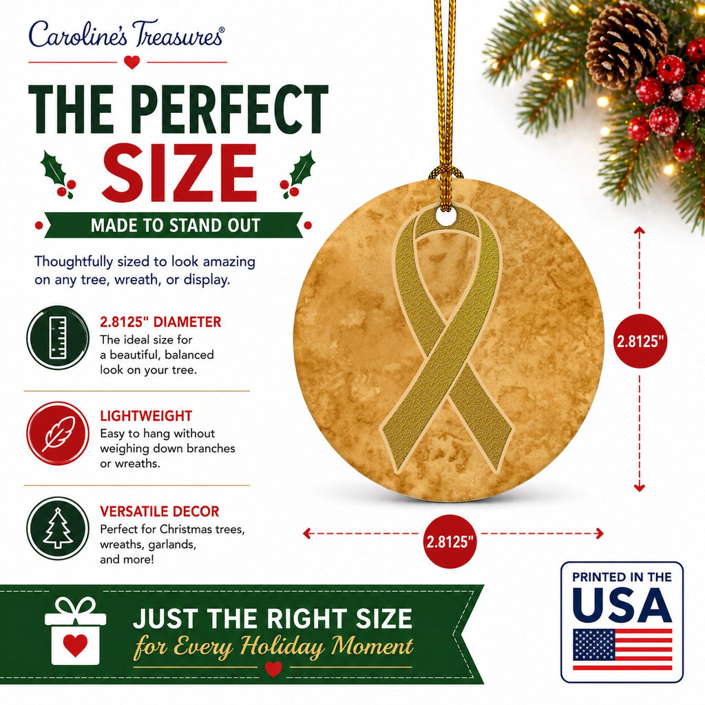 Gold Ribbon for Childhood Cancers Awareness Ceramic Ornament Christmas Tree Hanging Decorations for Home Christmas Holiday, Party, Gift, 3 in, Multicolor