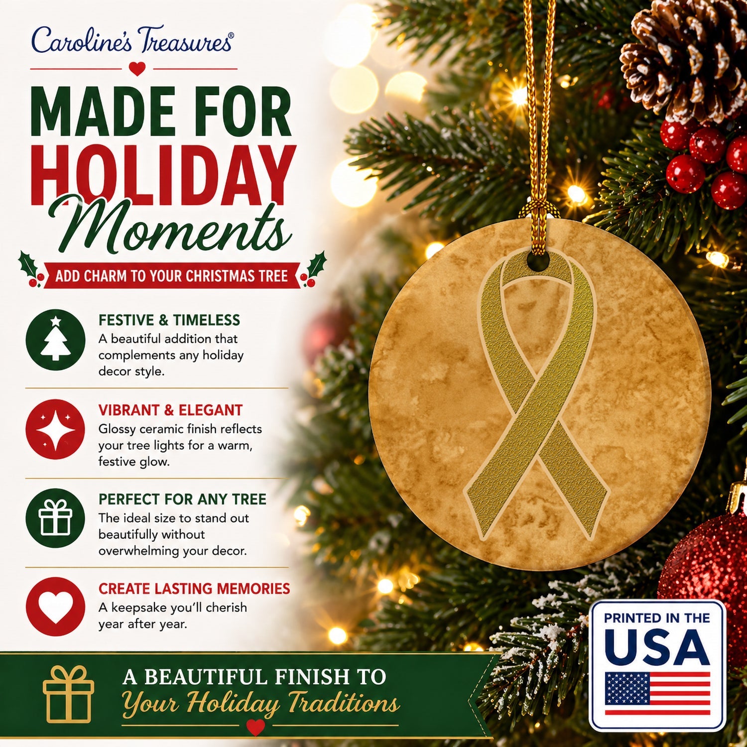 Gold Ribbon for Childhood Cancers Awareness Ceramic Ornament Christmas Tree Hanging Decorations for Home Christmas Holiday, Party, Gift, 3 in, Multicolor