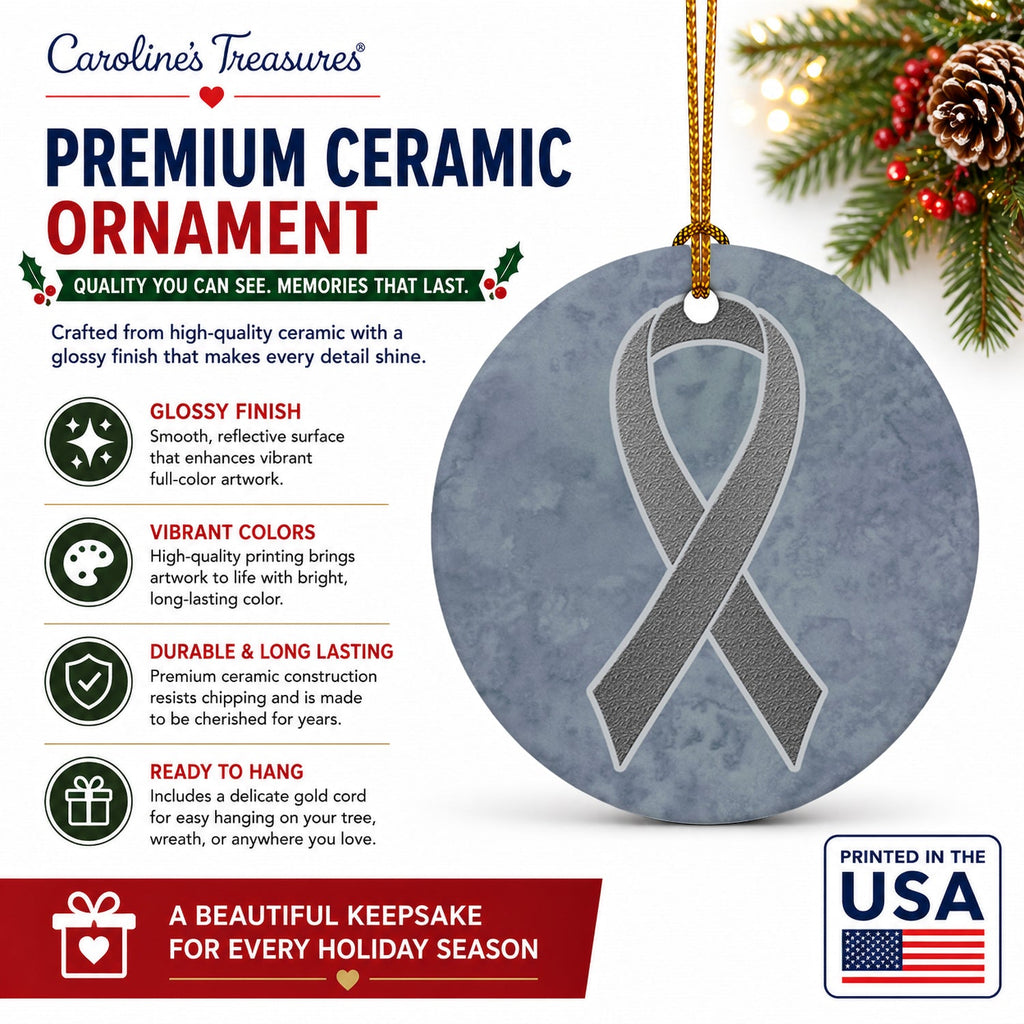 Grey Ribbon for Brain Cancer Awareness Ceramic Ornament Christmas Tree Hanging Decorations for Home Christmas Holiday, Party, Gift, 3 in, Multicolor