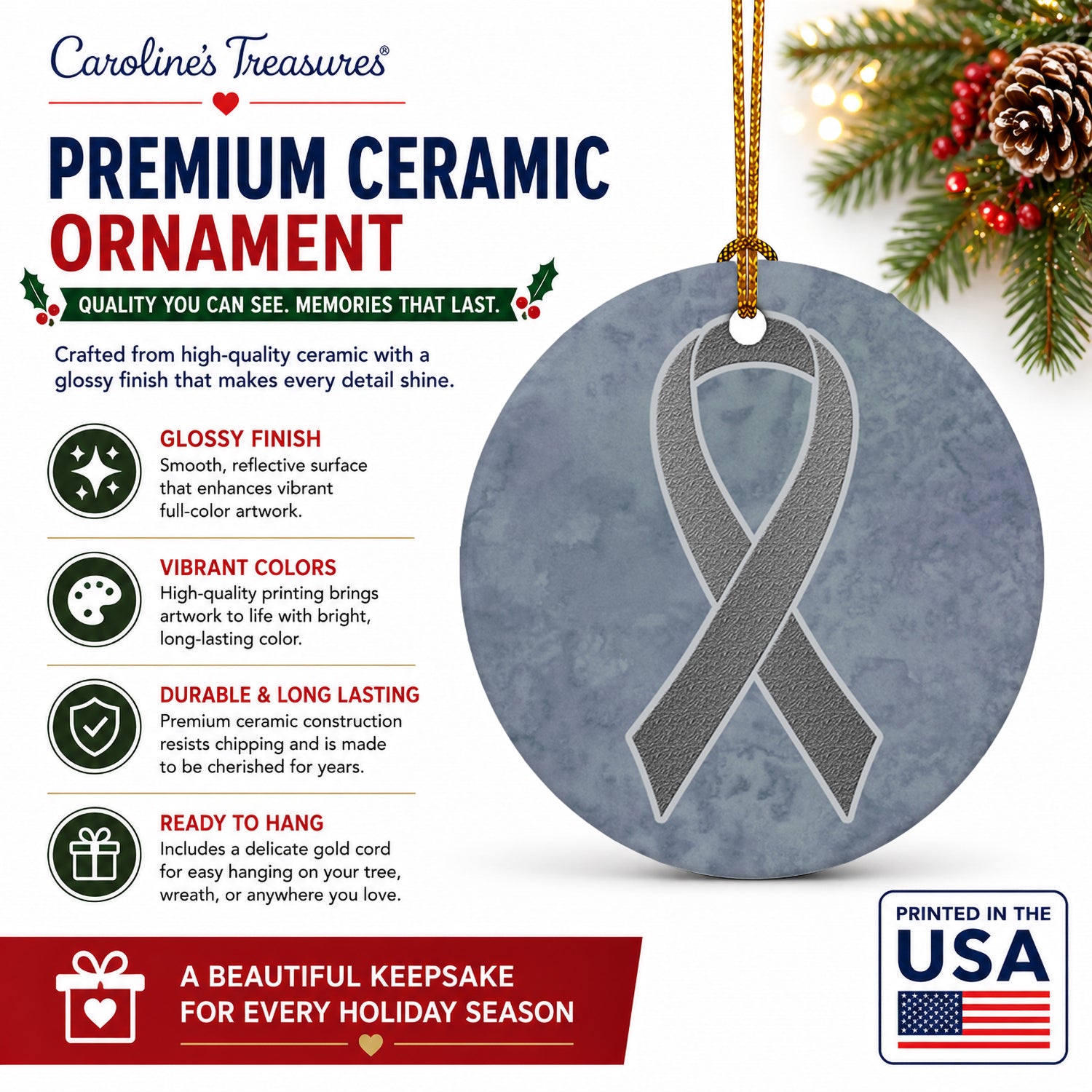 Grey Ribbon for Brain Cancer Awareness Ceramic Ornament Christmas Tree Hanging Decorations for Home Christmas Holiday, Party, Gift, 3 in, Multicolor