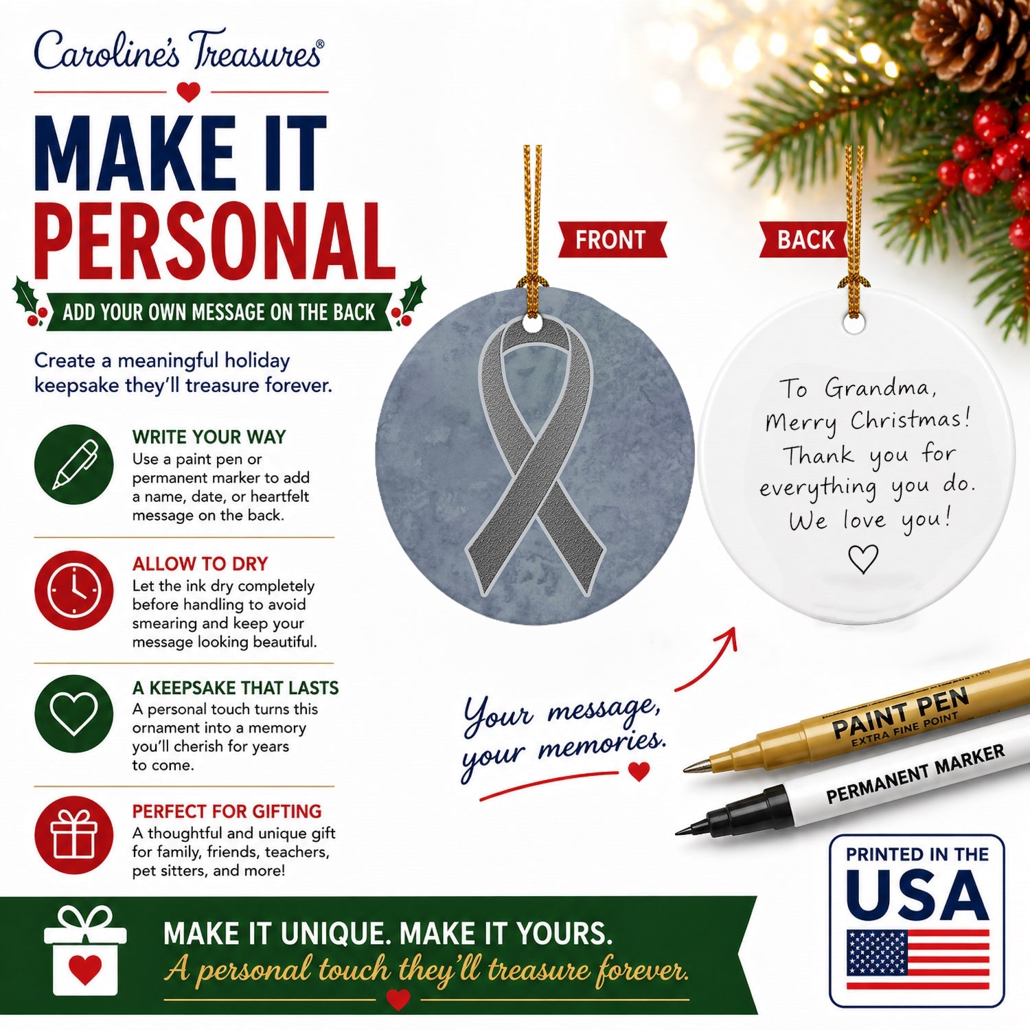 Grey Ribbon for Brain Cancer Awareness Ceramic Ornament Christmas Tree Hanging Decorations for Home Christmas Holiday, Party, Gift, 3 in, Multicolor