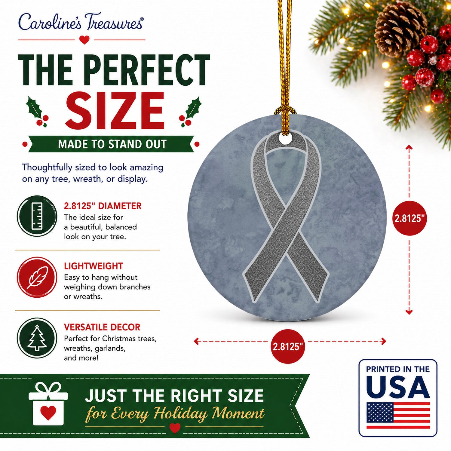 Grey Ribbon for Brain Cancer Awareness Ceramic Ornament Christmas Tree Hanging Decorations for Home Christmas Holiday, Party, Gift, 3 in, Multicolor