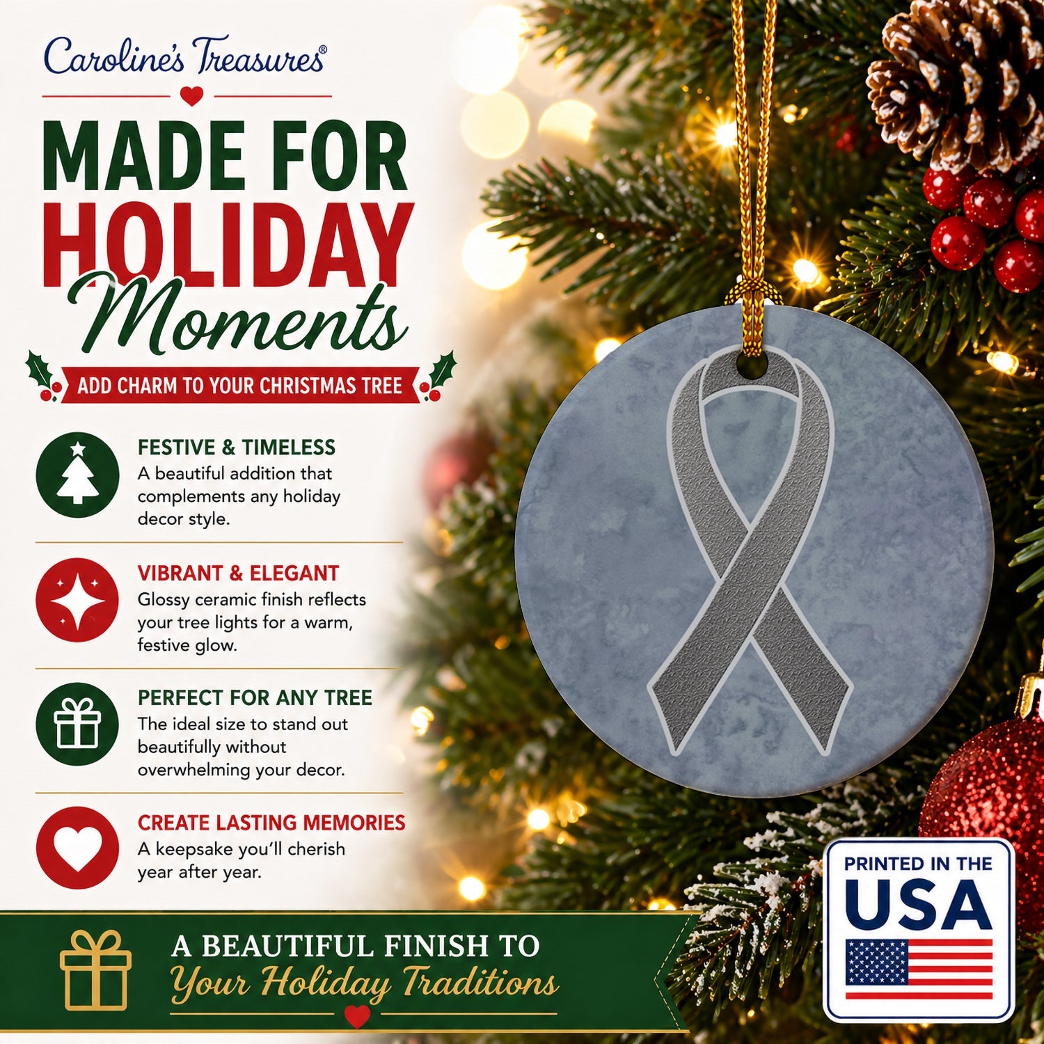 Grey Ribbon for Brain Cancer Awareness Ceramic Ornament Christmas Tree Hanging Decorations for Home Christmas Holiday, Party, Gift, 3 in, Multicolor