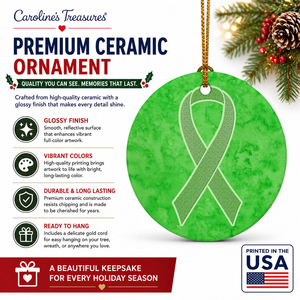 Lime Green Ribbon for Lymphoma Cancer Awareness Ceramic Ornament Christmas Tree Hanging Decorations for Home Christmas Holiday, Party, Gift, 3 in, Multicolor