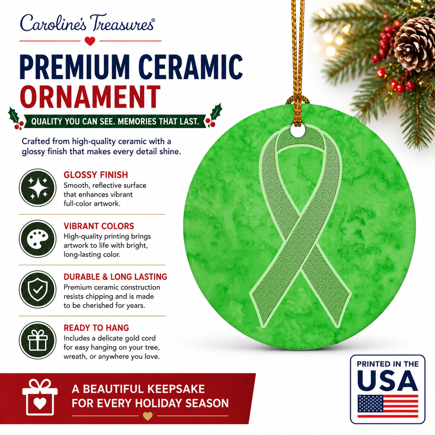 Lime Green Ribbon for Lymphoma Cancer Awareness Ceramic Ornament Christmas Tree Hanging Decorations for Home Christmas Holiday, Party, Gift, 3 in, Multicolor