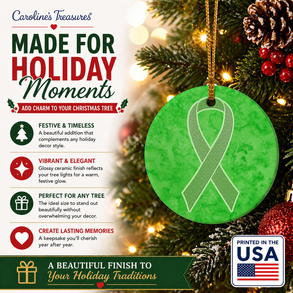 Lime Green Ribbon for Lymphoma Cancer Awareness Ceramic Ornament Christmas Tree Hanging Decorations for Home Christmas Holiday, Party, Gift, 3 in, Multicolor