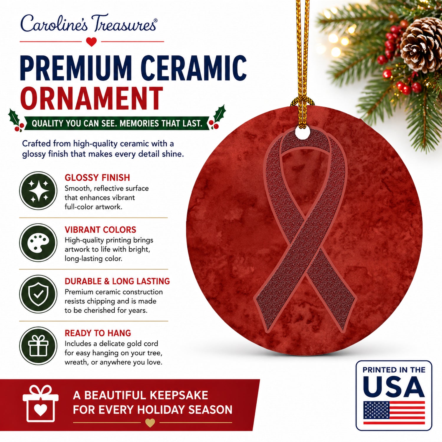 Burgundy Ribbon for Multiple Myeloma Cancer Awareness Ceramic Ornament Christmas Tree Hanging Decorations for Home Christmas Holiday, Party, Gift, 3 in, Multicolor
