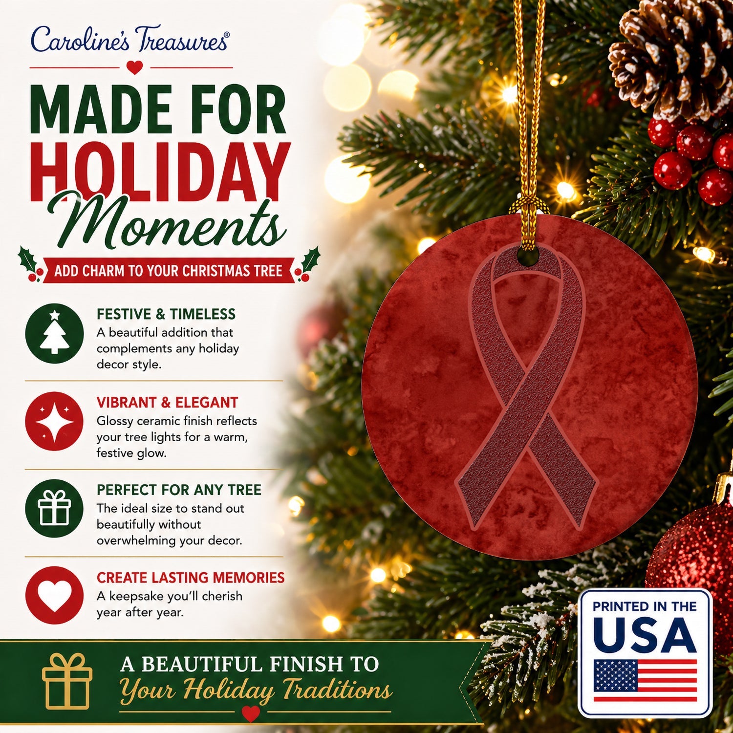 Burgundy Ribbon for Multiple Myeloma Cancer Awareness Ceramic Ornament Christmas Tree Hanging Decorations for Home Christmas Holiday, Party, Gift, 3 in, Multicolor