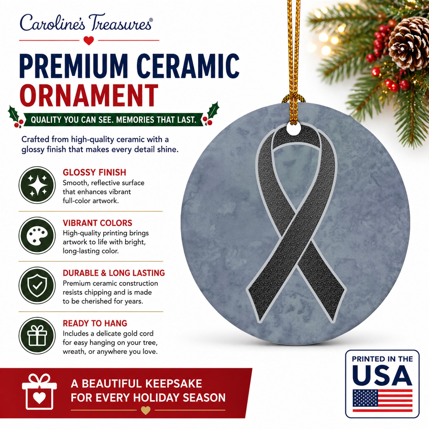 Black Ribbon for Melanoma Cancer Awareness Ceramic Ornament Christmas Tree Hanging Decorations for Home Christmas Holiday, Party, Gift, 3 in, Multicolor