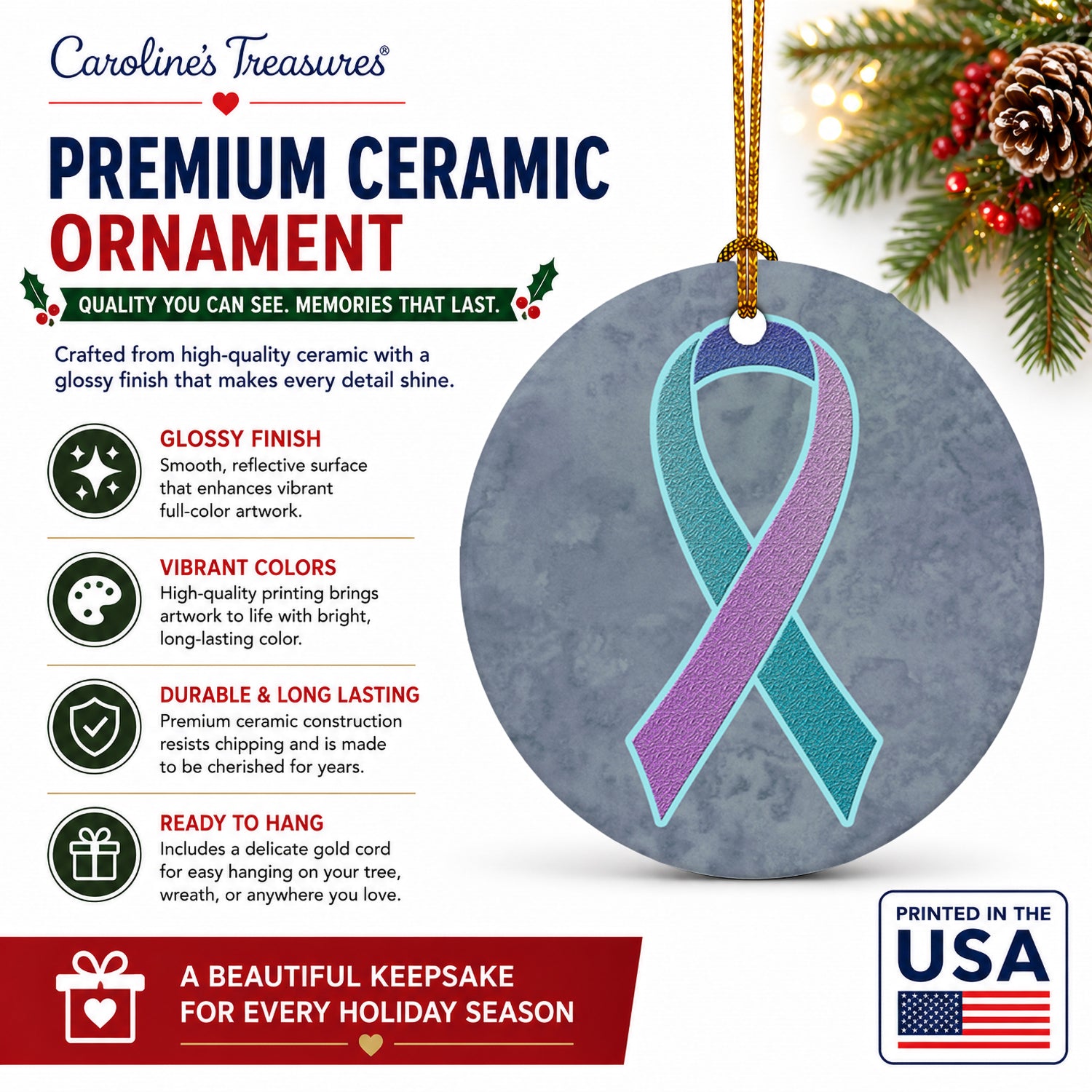Teal, Pink and Blue Ribbon for Thyroid Cancer Awareness Ceramic Ornament Christmas Tree Hanging Decorations for Home Christmas Holiday, Party, Gift, 3 in, Multicolor