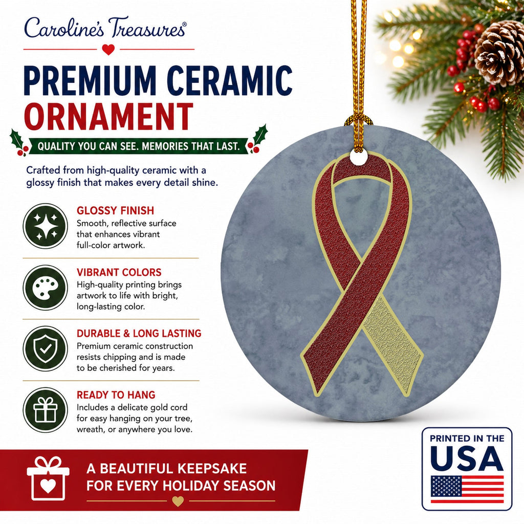 Burgundy and Ivory Ribbon for Head and Neck Cancer Awareness Ceramic Ornament Christmas Tree Hanging Decorations for Home Christmas Holiday, Party, Gift, 3 in, Multicolor