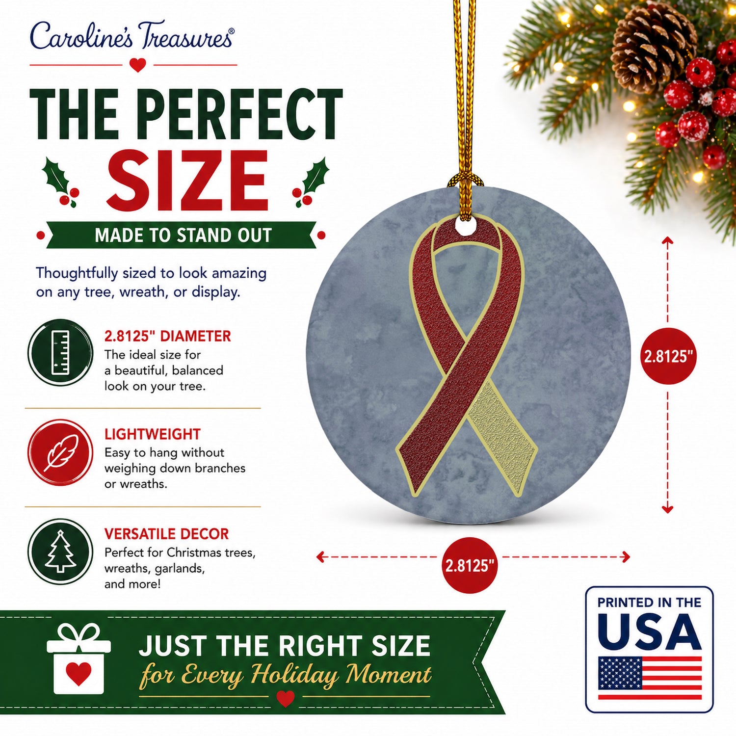 Burgundy and Ivory Ribbon for Head and Neck Cancer Awareness Ceramic Ornament Christmas Tree Hanging Decorations for Home Christmas Holiday, Party, Gift, 3 in, Multicolor