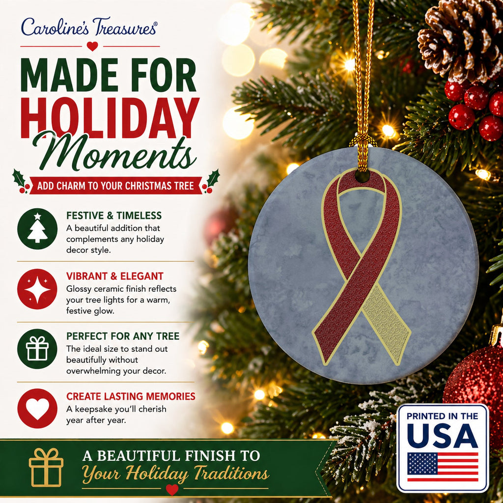 Burgundy and Ivory Ribbon for Head and Neck Cancer Awareness Ceramic Ornament Christmas Tree Hanging Decorations for Home Christmas Holiday, Party, Gift, 3 in, Multicolor