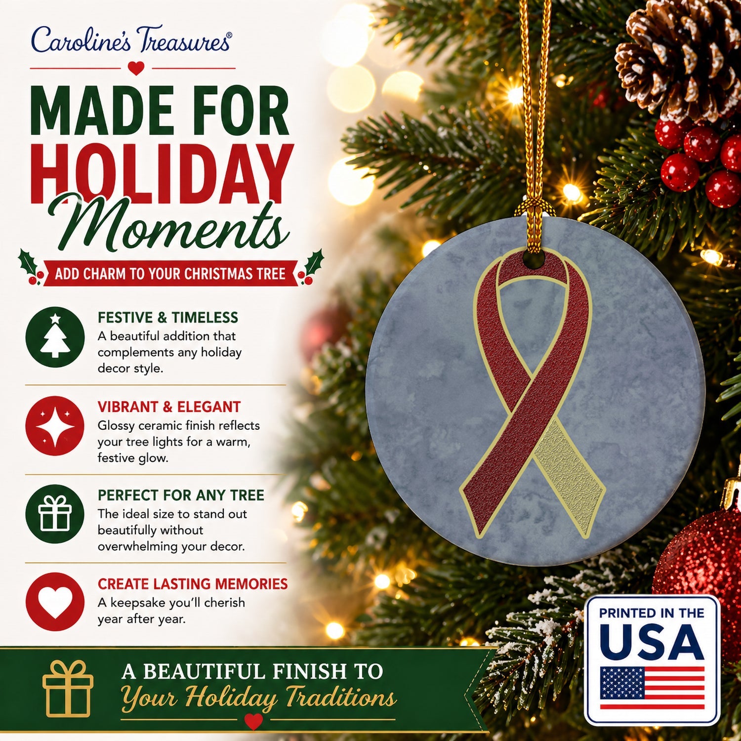 Burgundy and Ivory Ribbon for Head and Neck Cancer Awareness Ceramic Ornament Christmas Tree Hanging Decorations for Home Christmas Holiday, Party, Gift, 3 in, Multicolor