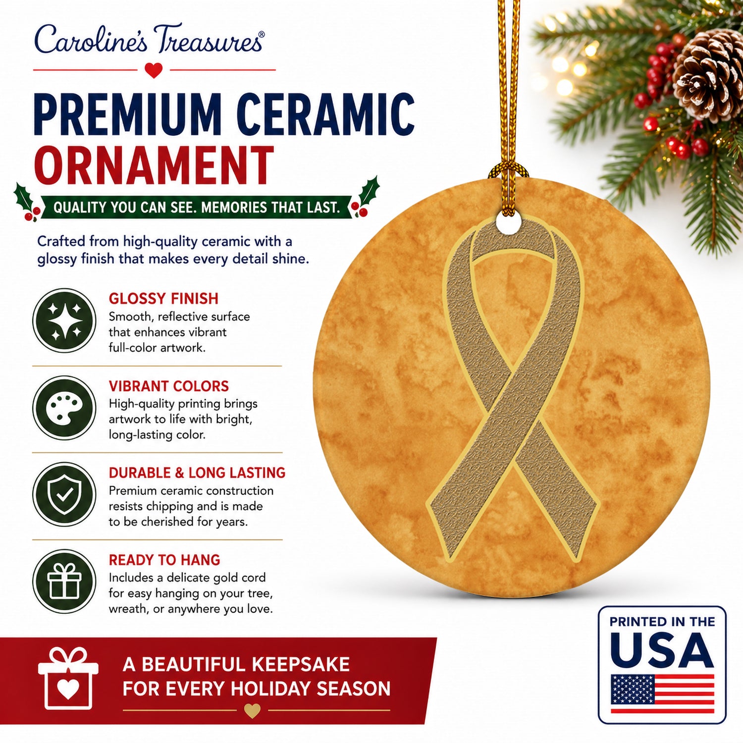 Peach Ribbon for Uterine Cancer Awareness Ceramic Ornament Christmas Tree Hanging Decorations for Home Christmas Holiday, Party, Gift, 3 in, Multicolor