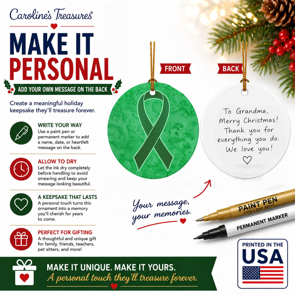 Kelly Green Ribbon for Kidney Cancer Awareness Ceramic Ornament Christmas Tree Hanging Decorations for Home Christmas Holiday, Party, Gift, 3 in, Multicolor