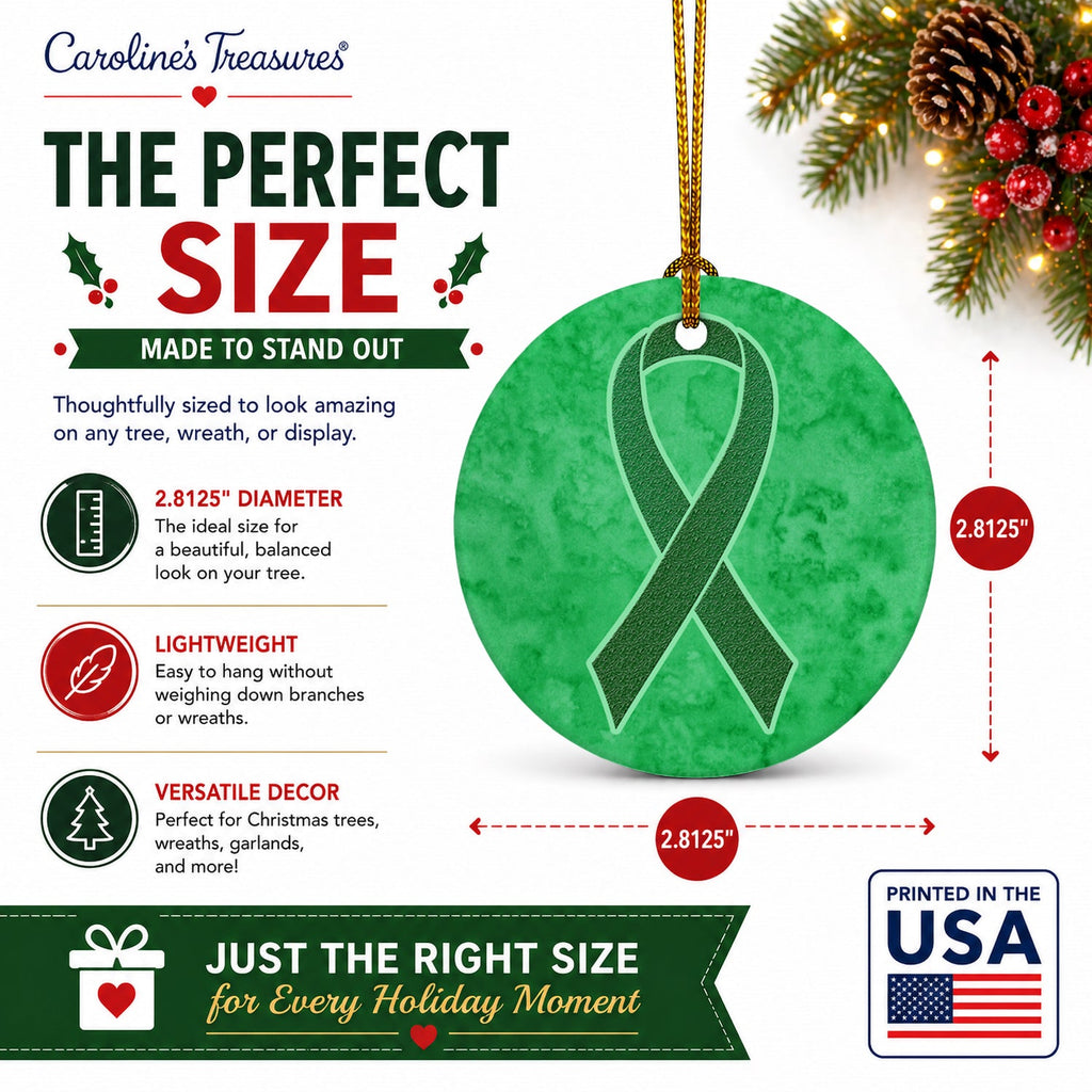 Kelly Green Ribbon for Kidney Cancer Awareness Ceramic Ornament Christmas Tree Hanging Decorations for Home Christmas Holiday, Party, Gift, 3 in, Multicolor