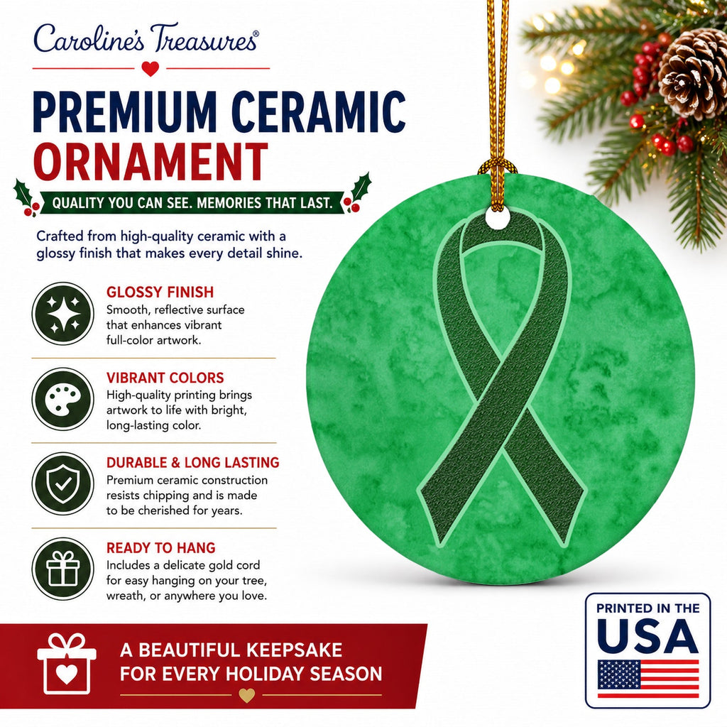 Emerald Green Ribbon for Liver Cancer Awareness Ceramic Ornament Christmas Tree Hanging Decorations for Home Christmas Holiday, Party, Gift, 3 in, Multicolor
