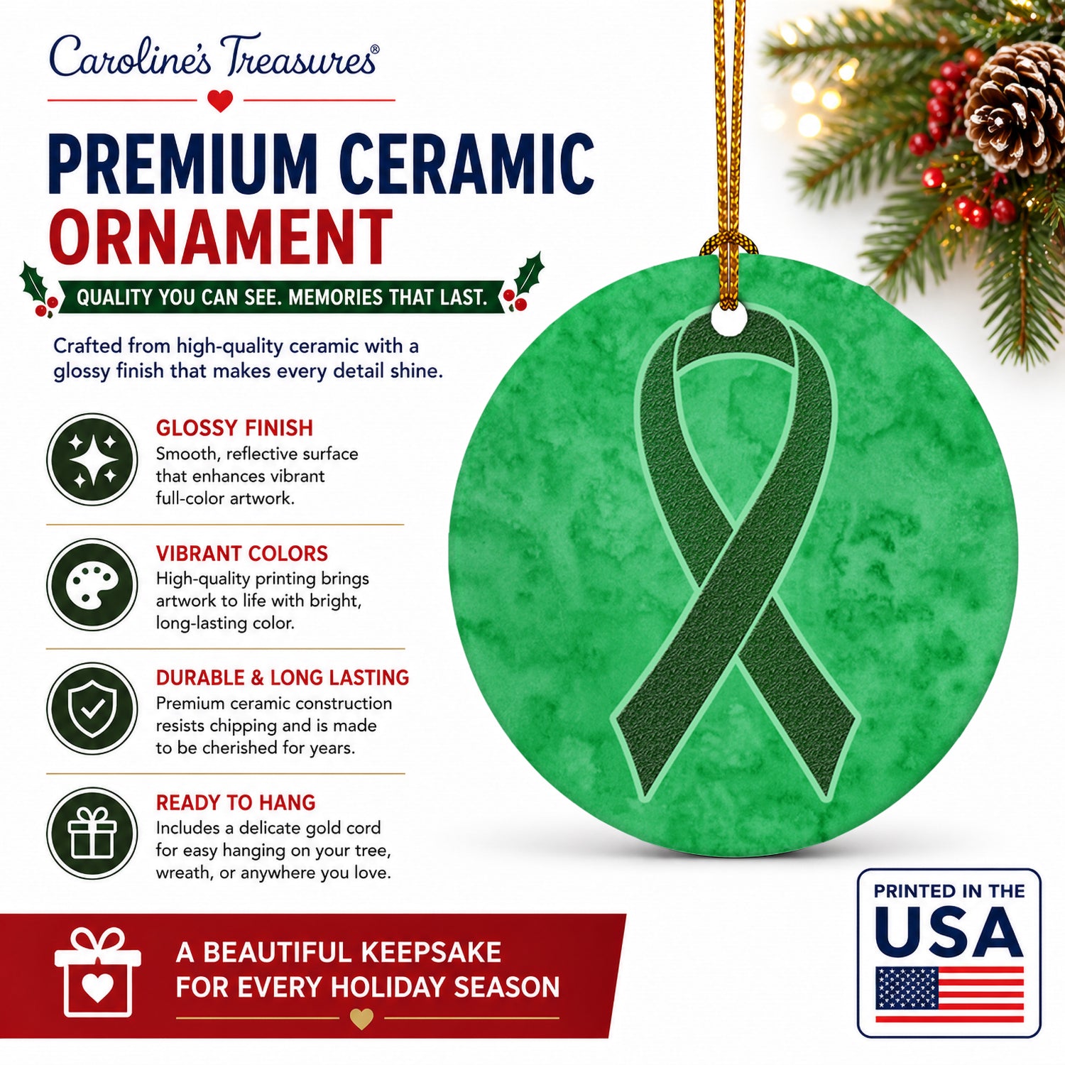 Emerald Green Ribbon for Liver Cancer Awareness Ceramic Ornament Christmas Tree Hanging Decorations for Home Christmas Holiday, Party, Gift, 3 in, Multicolor