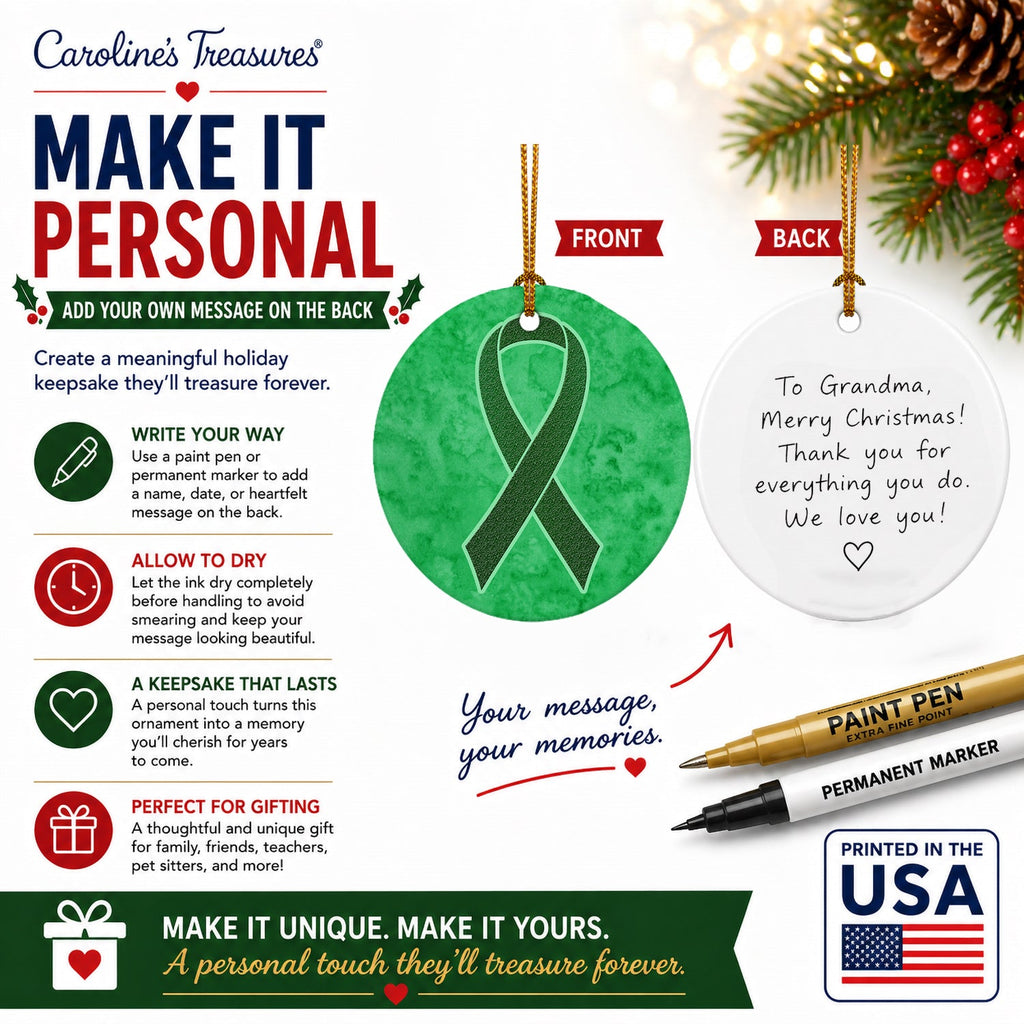 Emerald Green Ribbon for Liver Cancer Awareness Ceramic Ornament Christmas Tree Hanging Decorations for Home Christmas Holiday, Party, Gift, 3 in, Multicolor