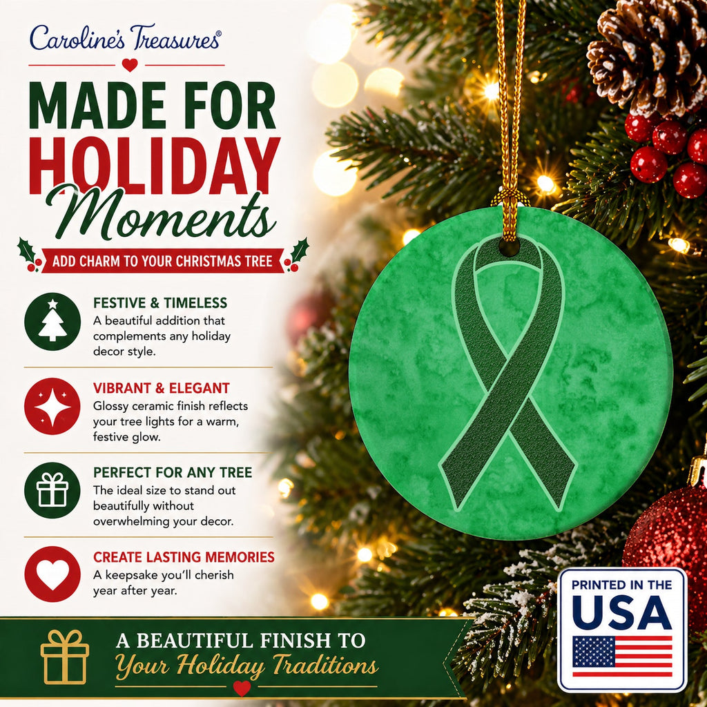 Emerald Green Ribbon for Liver Cancer Awareness Ceramic Ornament Christmas Tree Hanging Decorations for Home Christmas Holiday, Party, Gift, 3 in, Multicolor