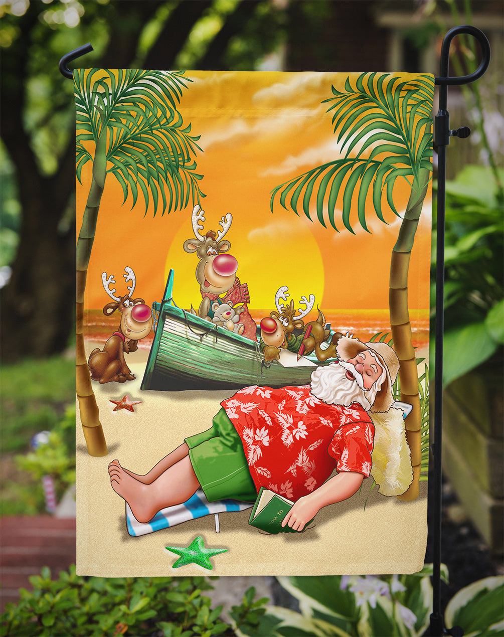 Beach Christmas Santa Claus Napping Garden Flag Mailbox Decorative Yard Banner Outside Patio Artwork for Flower Beds, Garden Size, Multicolor