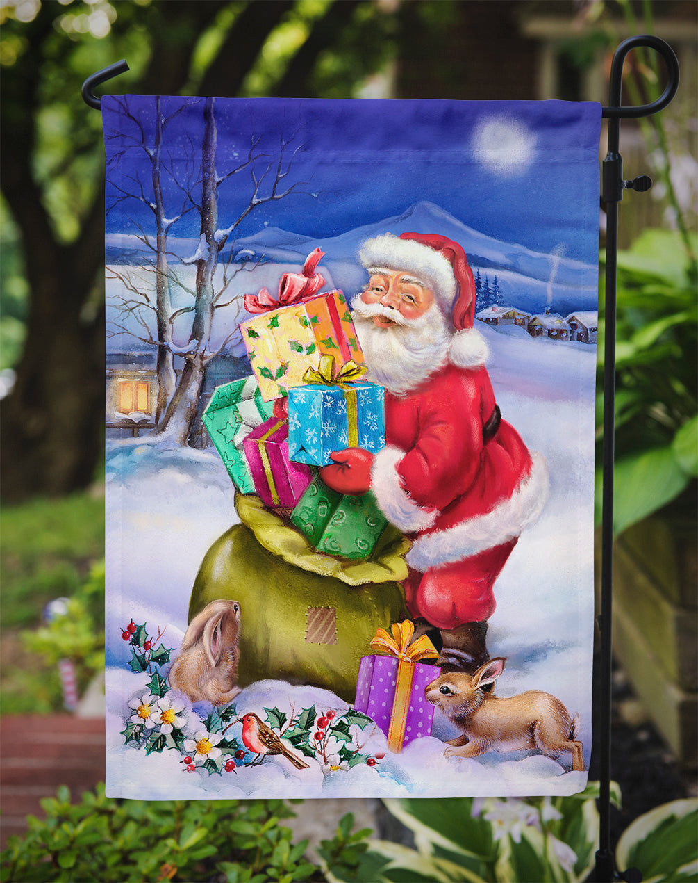 Christmas Santa Claus with Rabbits Garden Flag Mailbox Decorative Yard Banner Outside Patio Artwork for Flower Beds, Garden Size, Multicolor