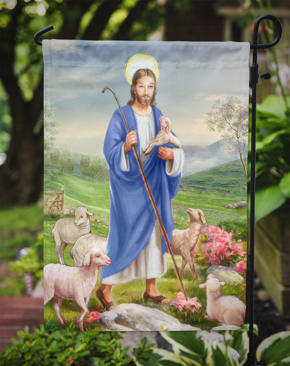 Jesus the Shepherd and his flock of sheep Garden Flag Mailbox Decorative Yard Banner Outside Patio Artwork for Flower Beds, Garden Size, Multicolor