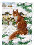 Red Squirrel & Cottage House Flag 28x40 Porch Sleeve Pole Decorative Outside Yard Banner Artwork Wall Hanging, Polyester