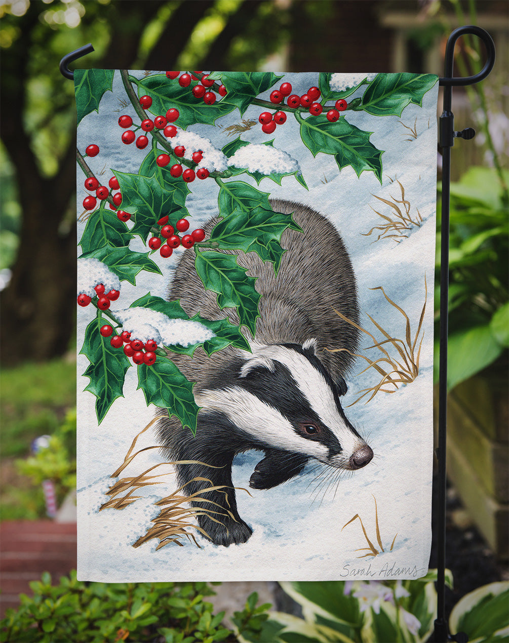 Badgers with Holly Berries Garden Flag Mailbox Decorative Yard Banner Outside Patio Artwork for Flower Beds, Garden Size, Multicolor