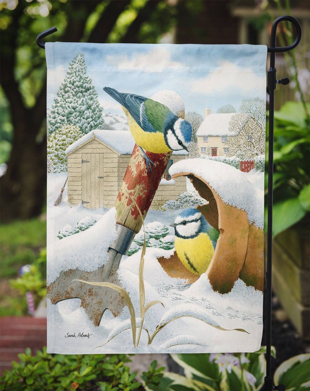 Eurasian Blue Tits Birds in Flower Pot Garden Flag Mailbox Decorative Yard Banner Outside Patio Artwork for Flower Beds, Garden Size, Multicolor