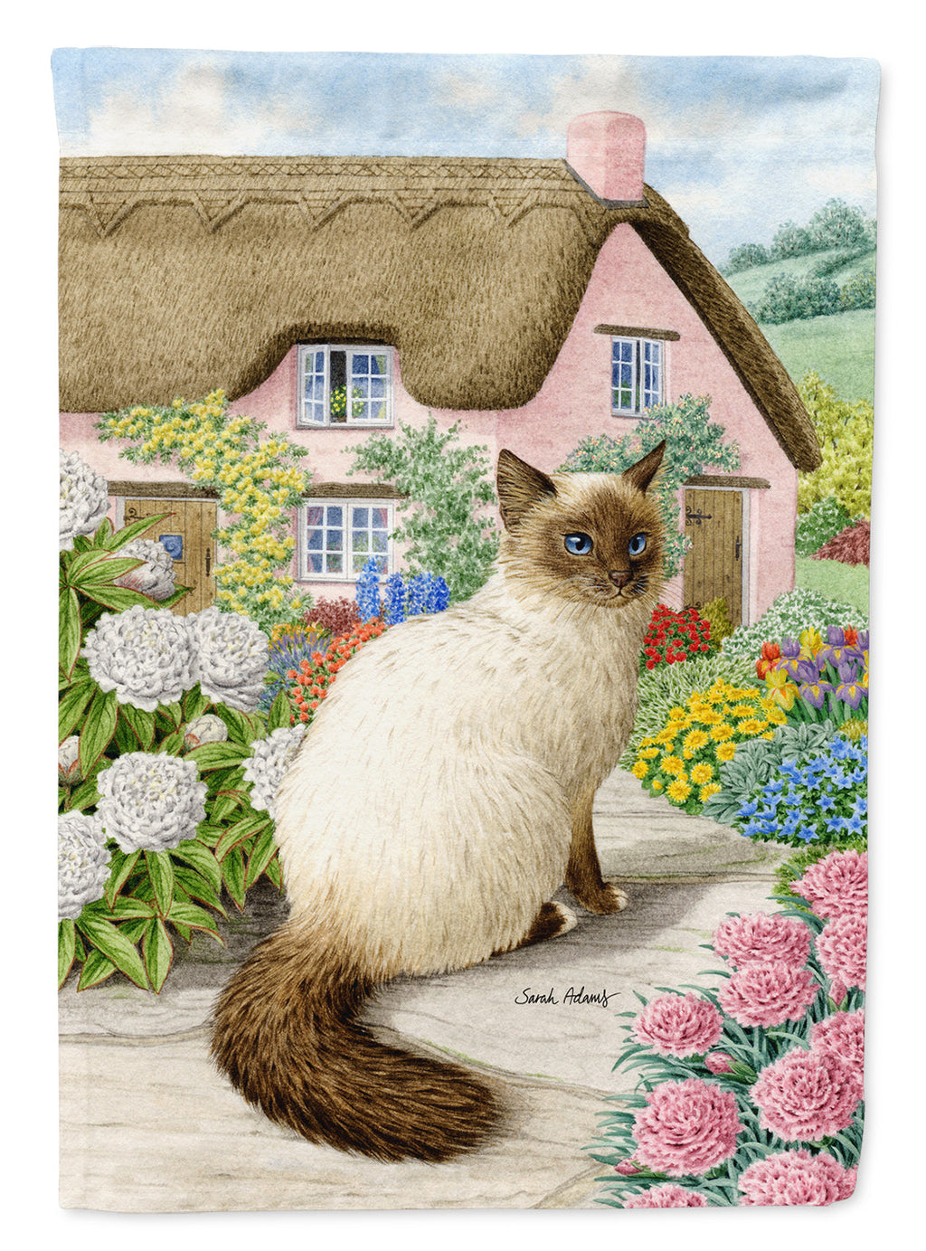 Birman Cat and Cottage House Flag 28x40 Porch Sleeve Pole Decorative Outside Yard Banner Artwork Wall Hanging, Polyester