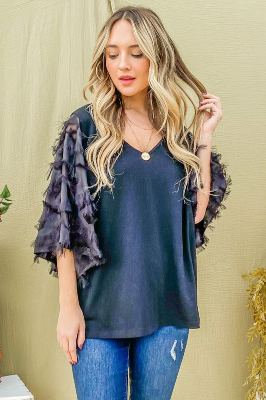 Plus Black Woven Embellished Sleeve Blouse
