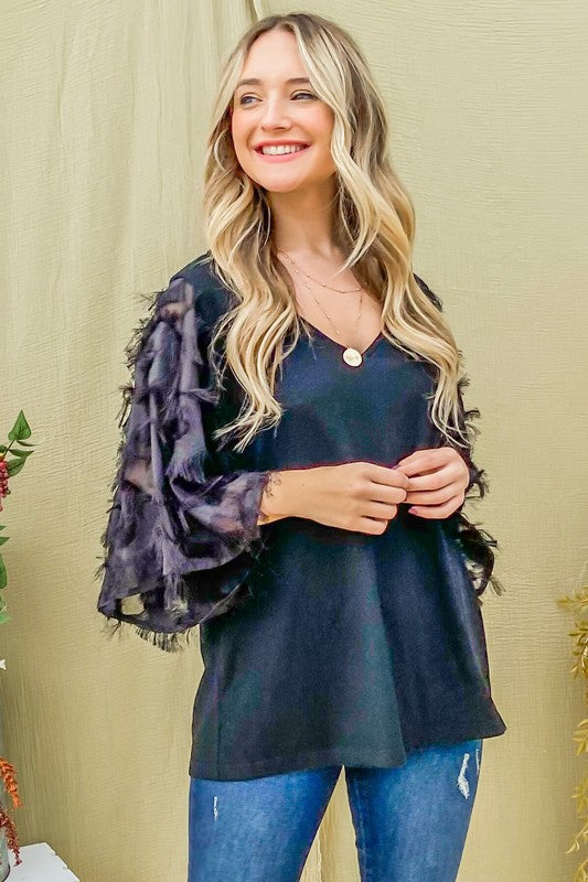 Plus Black Woven Embellished Sleeve Blouse