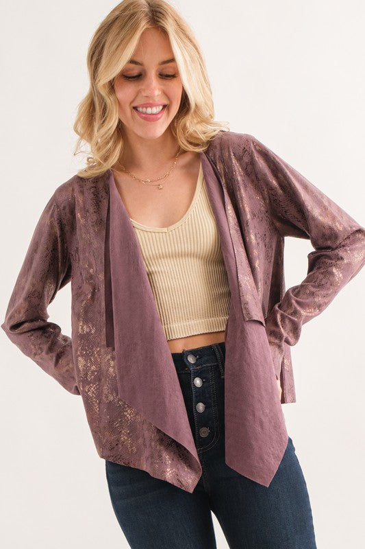 Plus Mauve Animal Print Heavy Suede Cardigan
