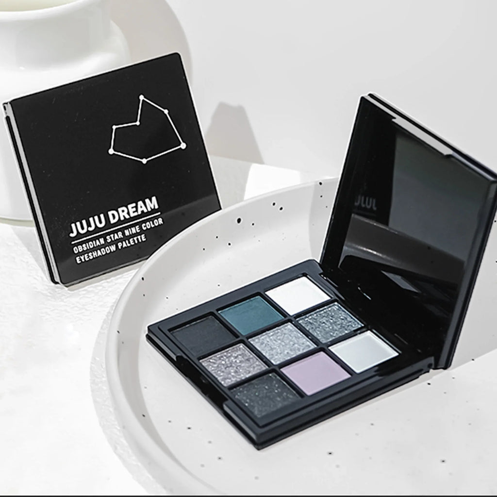 9-shade eyeshadow palette: Black Swan, Smoky, Dark Black, Grey Silver Glitter, Matte Finish, Long-lasting, and easy to color