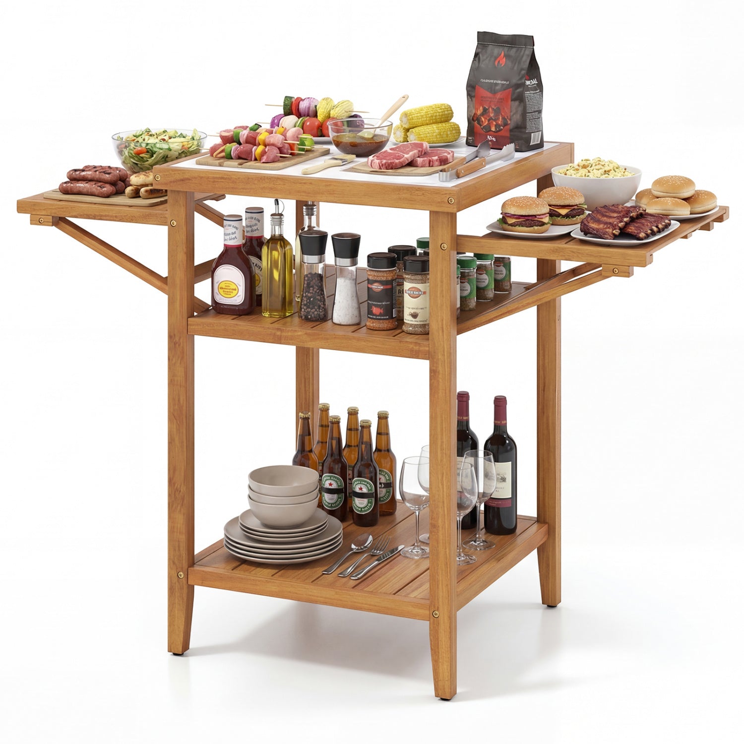 Acacia Wood Outdoor Grill Table with Faux Marble Top and Drop-Leaf Side Panels