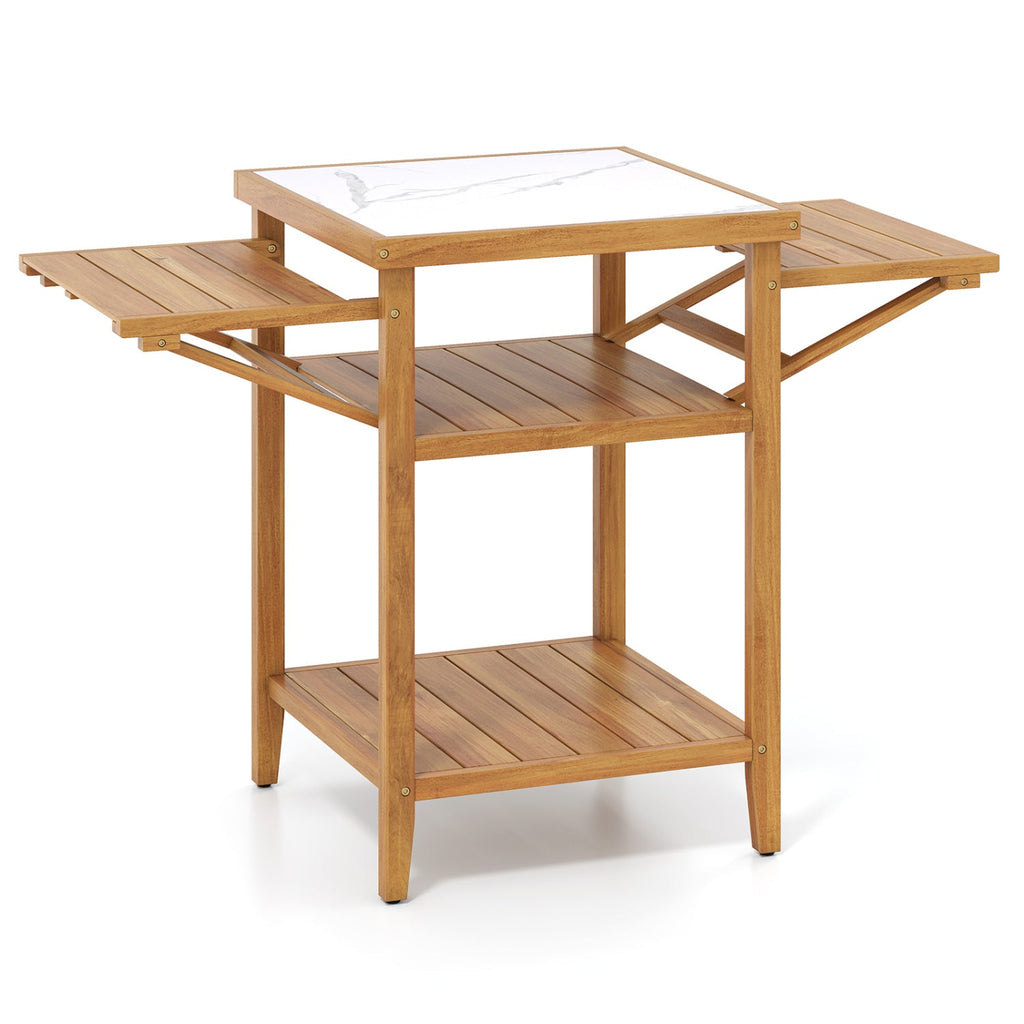Acacia Wood Outdoor Grill Table with Faux Marble Top and Drop-Leaf Side Panels