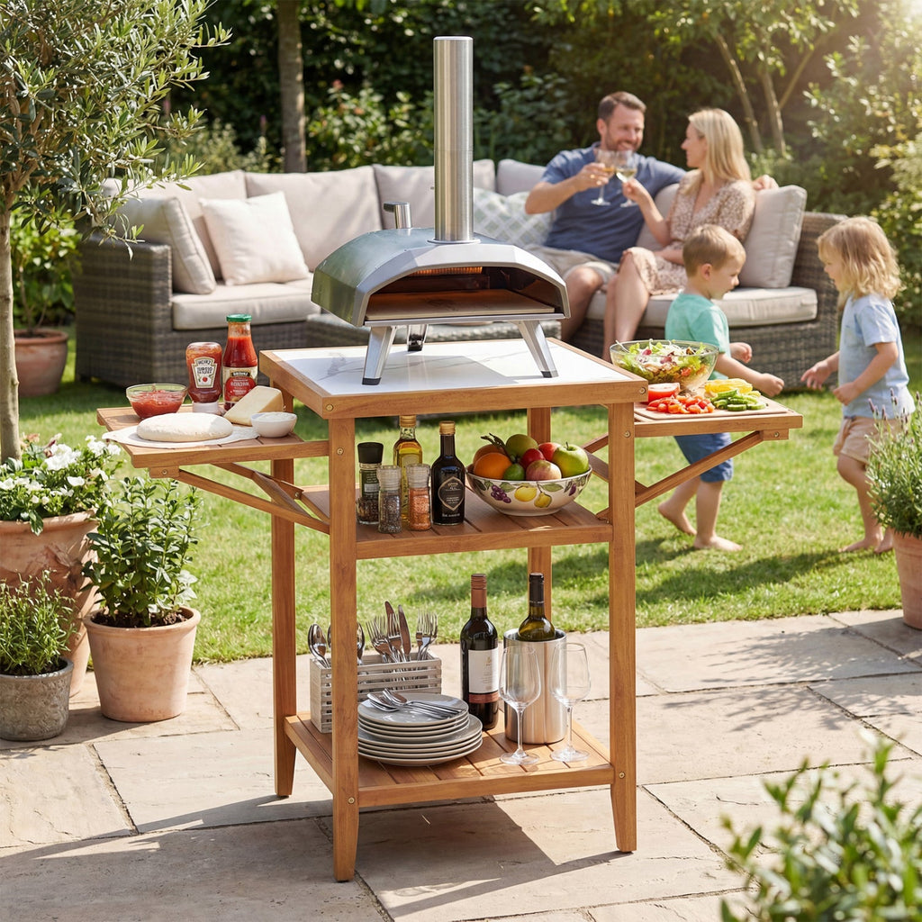 Acacia Wood Outdoor Grill Table with Faux Marble Top and Drop-Leaf Side Panels