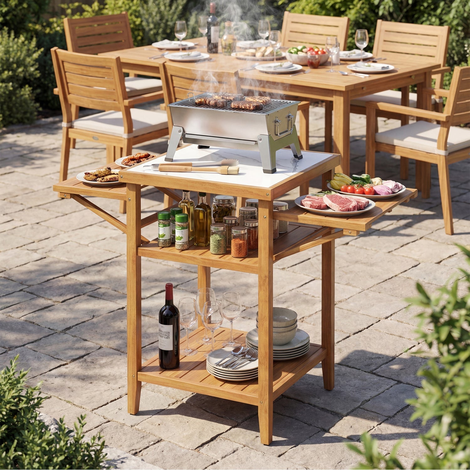 Acacia Wood Outdoor Grill Table with Faux Marble Top and Drop-Leaf Side Panels