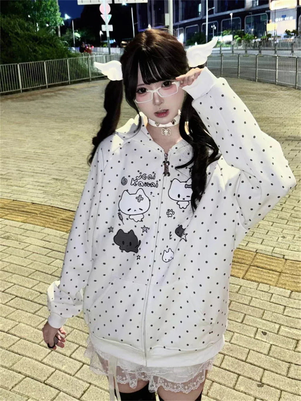 Japanese Y2k Hoodies Jackets Women Clothes Polka Dot Cat Print Sweatshirts 2025 Ropa Mujer Casual Chic Hooded Cute Hoodie Tops