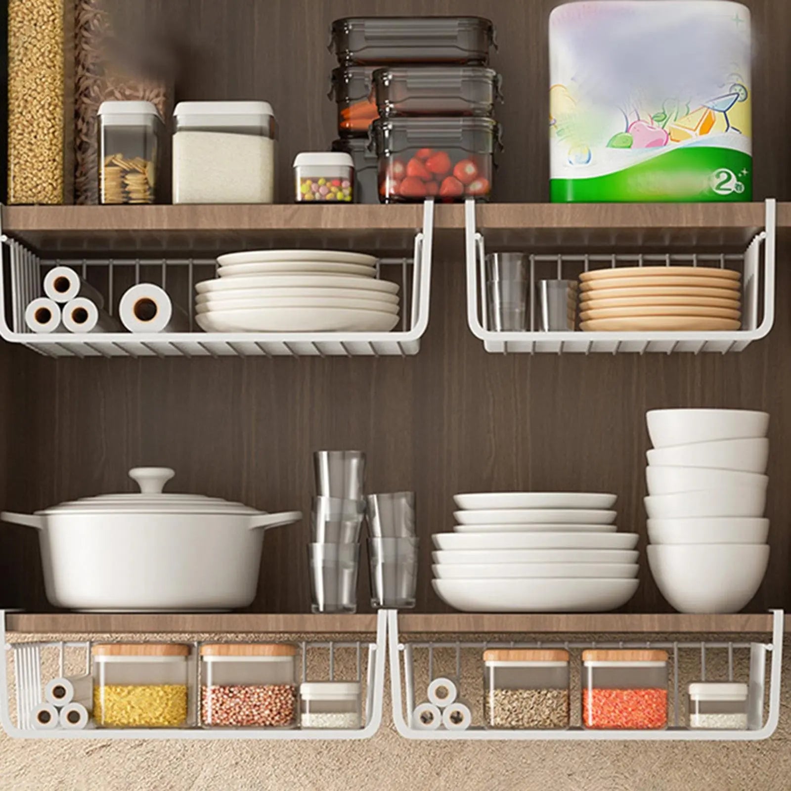 1pc White/Black Hanging Net Basket Iron Material Large Capacity Hanging Under Cabinet Wall Wardrobe Storage Basket Kitchen Tools